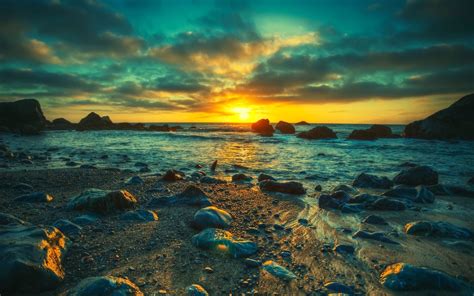 Wallpaper Sunlight Sunset Sea Bay Nature Shore Stones Clouds Beach Sunrise Evening