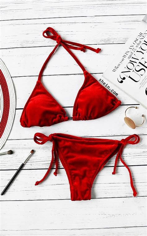 Side Tie Velvet Triangle Bikini Set Triangle Bikini Set Red Triangle