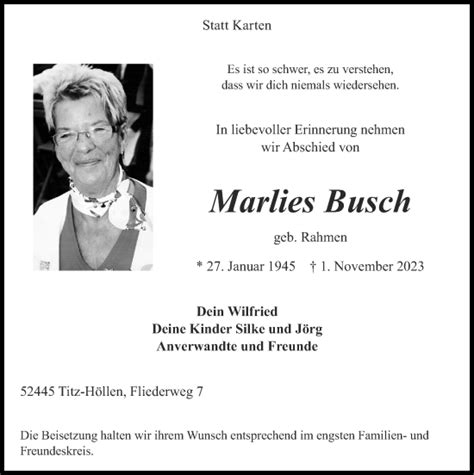 Traueranzeigen Von Marlies Busch Aachen Gedenkt