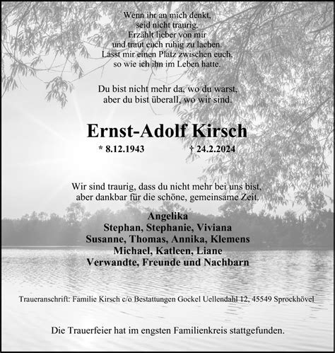 Traueranzeigen Von Ernst Adolf Kirsch Trauer In Nrw De