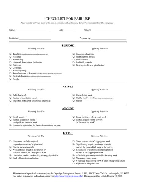 CHECKLIST FOR FAIR USE