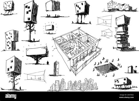 many hand drawn architectectural sketches of a modern abstract ...