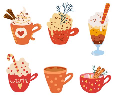 Winter Hot Drinks Set Cozy Holidays Christmas Beverages Collection Cocoa Mug With Cream