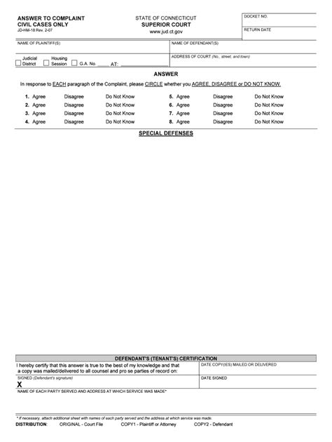 Answer To Complaintcivil Cases Only Connecticut Judicial Form Fill