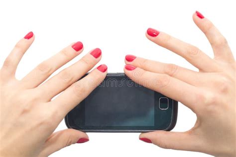 Elegant Female Hands with Red Nails Holding a Smart Phone. Closeup ...