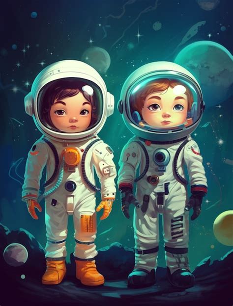 Retrato em estilo de desenho animado de duas crianças astronautas