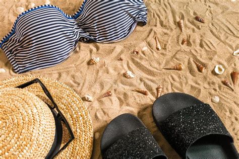 Summer Bikini And Accessories Stylish Beach Set Beach Bikini Summer Outfit And Sea Sand As