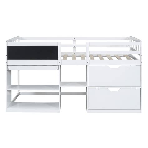 White Twin Size Low Loft Bed With Rolling Desk Blackboard Bookshelf