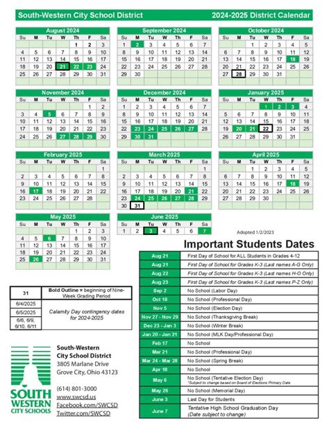 South-Western City School District Calendar 2024-2025 in PDF