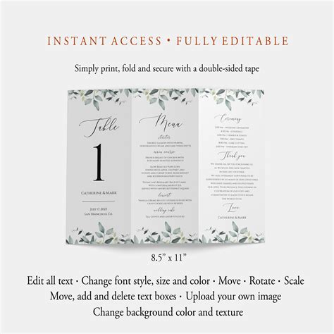 Eucalyptus Tri Fold Table Number Template Editable Tri Fold Etsy