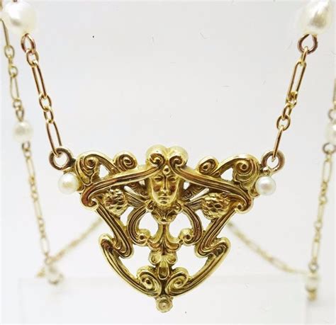 14K GOLD ART NOUVEAU FIGURAL NECKLACE WITH PEARLS 3176 Art Nouveau