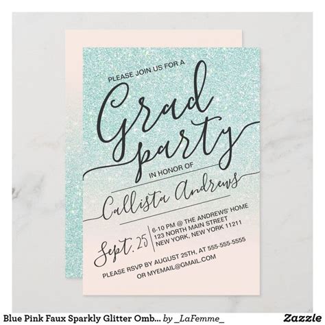 Blue Pink Faux Sparkly Glitter Ombre Graduation Invitation Zazzle