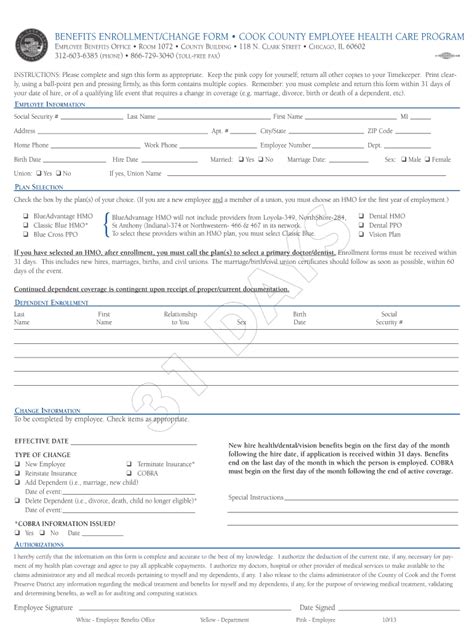 Fillable Online Benefits Enrollmentchange Form Cook County Employee