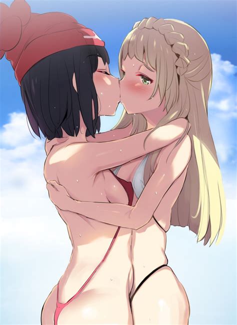 Rule 34 2girls Ass Bikini Black Hair Blonde Hair Blush Breasts Closed Eyes Female Female Only