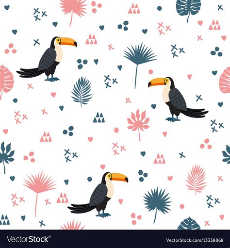 Seamless Pattern With Toucan And Leaves Cute Vector Image