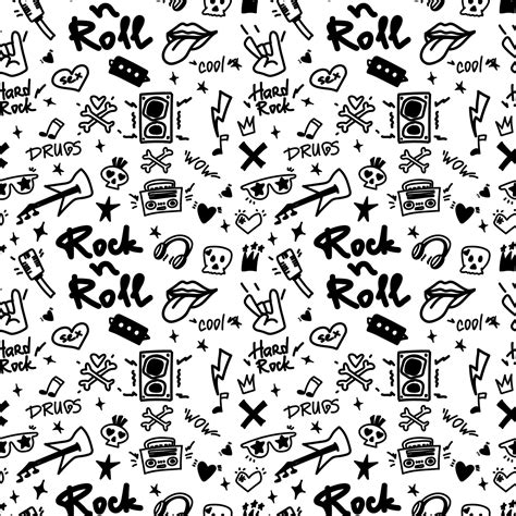 Rock N Roll Seamless Pattern Black White Print For Textiles