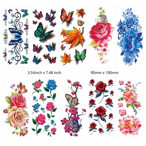 42 Sheets Flowers Temporary Tattoos Stickers Roses Butterflies And