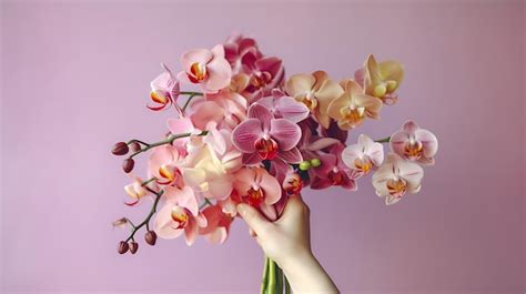 Premium AI Image | A hand holding a bouquet of pink orchids