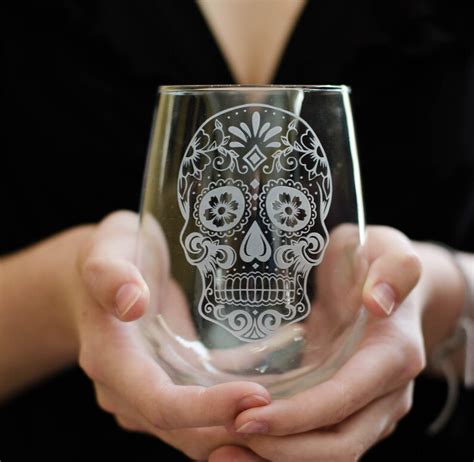 Sugar Skull Stemless Wine Glass Glass Etched Day Of The Dead Etsy