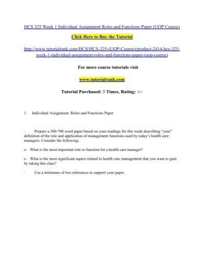 HCS 325 Week 1 Individual Assignment Roles And Functions Paper Tutorialrank