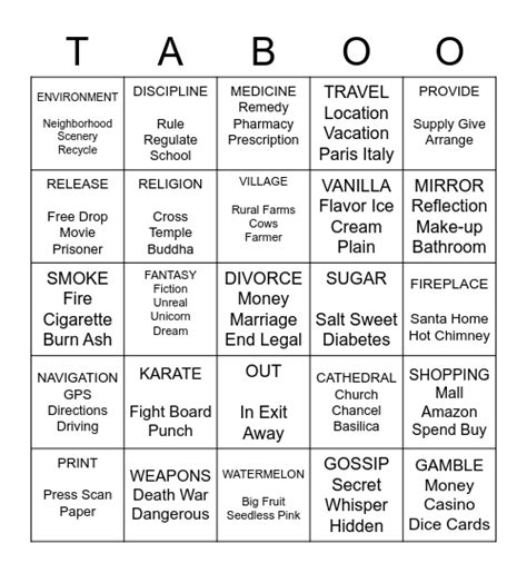 Taboo Bingo Card