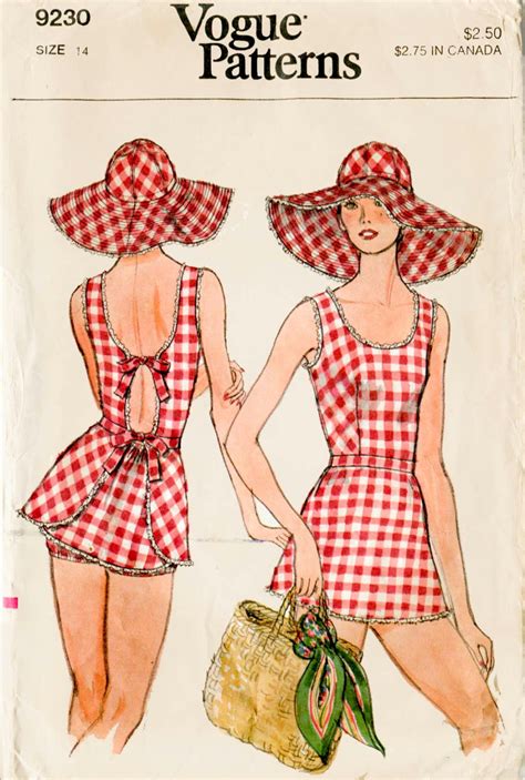 Vintage Sewing Pattern 70s 1970s Beach Swim Bathing Suit Sun Hat And