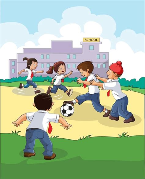 Estudiantes Jugando Al Fútbol En La Ilustración De Vector De Patio De