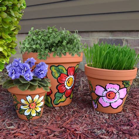 Decoart Three Terra Cotta Floral Pots Painted Plant Pots Painted Flower Pots Terra Cotta Pot