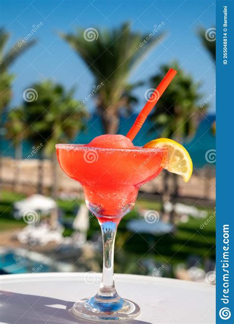 Colourful Cold Strawberry Daiquiri Cocktail Drink Served In Glass At