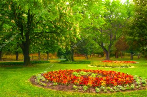 Landscape painting showing beautiful park with flower garden — Stock ...