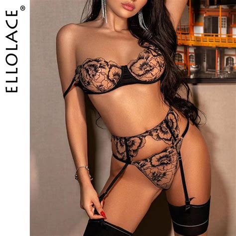 Uaang Ellolace Lingerie Transparent Bra Embroidery Underwear Set See