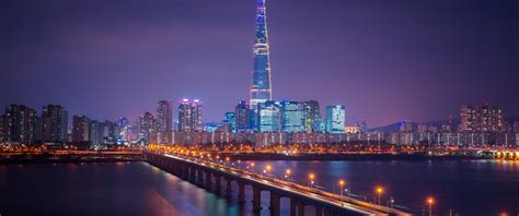 Lotte Tower Wallpaper 4K, Seoul, Cityscape, Bridge, Night