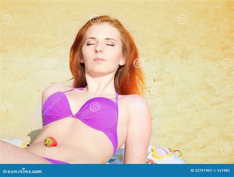 Girl With Red Hair And Bikini Posing At The Beach Stock Image Image Of Sensuality Health