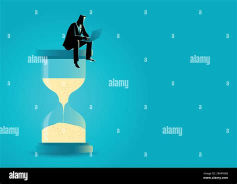 Vector Illustration Of A Businessman Sitting With Laptop On Hourglass