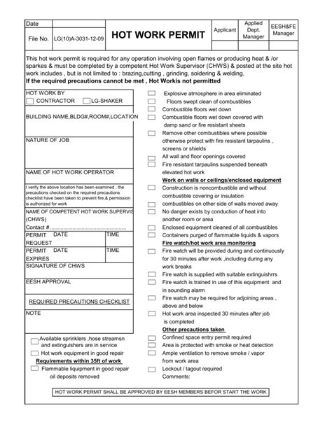 Printable Hot Work Permit