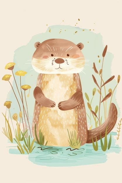 Premium Photo | Cute otter with nature background children illustration