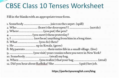 CBSE Class 10 Tenses Worksheet With Answers Perfectyourenglish