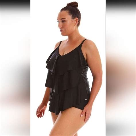 Swim By Cacique Black Tiered Peplum Tankini Top 18 Gem