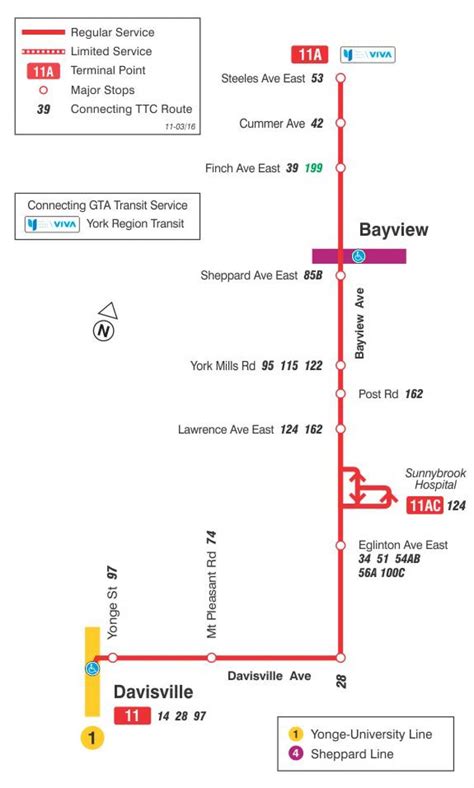 TTC 11 Bayview bus route Toronto map - Map of TTC 11 Bayview bus route ...