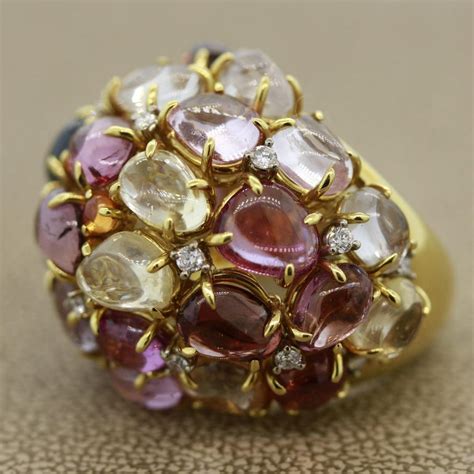 Multi Color Gemstone Diamond Gold Dome Cocktail Ring For Sale At 1stdibs