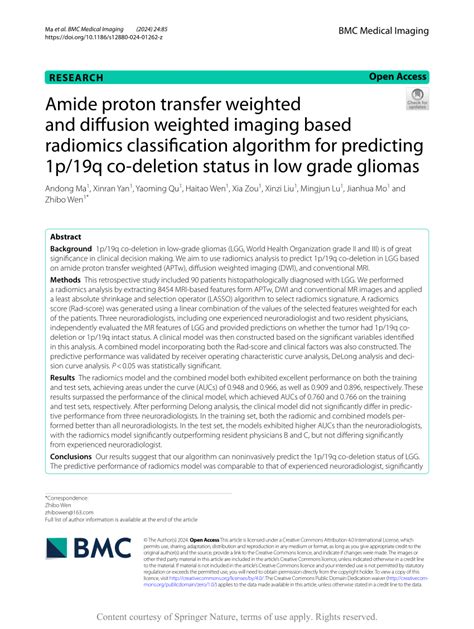 Pdf Amide Proton Transfer Weighted And Diffusion Weighted Imaging