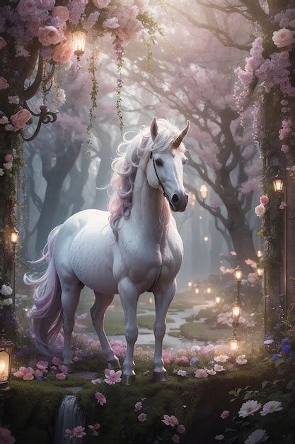 Premium Photo A Beautiful Unicorn In A Magical Forest