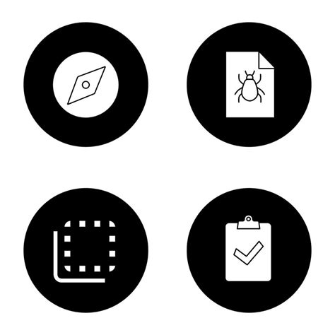 UI UX glyph icons set. Explore tool, bug report, flip to back button ...