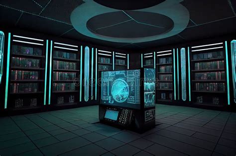 Futuristic Library Data Center With Holographic Projections