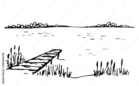 Wooden pier on the lake, pond, calm water, reeds. Wildlife, recreation ...