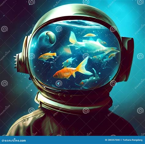 Astronaut In A Spacesuit With A Flock Of Fish Generate By Ai Stock