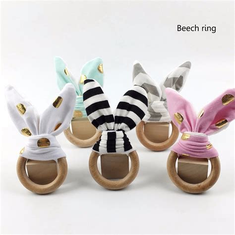 Eco Friendly Wooden Teether Chew Beech Ring Cotton Newborn Toy Wooden