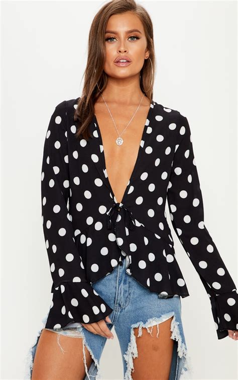 Black Polka Dot Tie Front Blouse Tops Prettylittlething