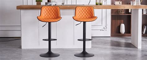 Youtaste Woven Bar Stools Set Of Orange Pu Leather Upholstered