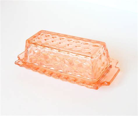 Vintage Pink Depression Glass Butter Dish Geometric Pattern